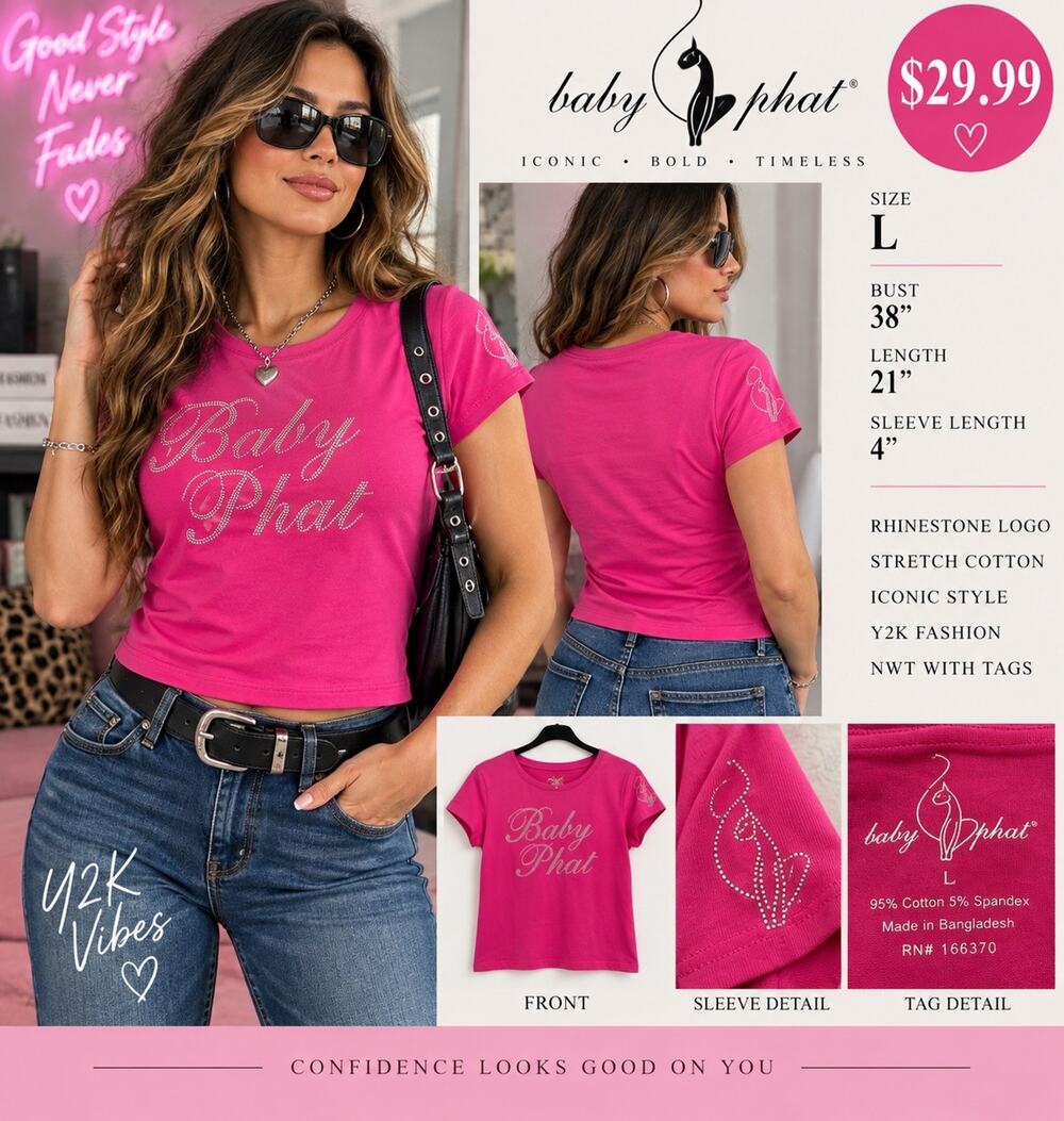 Baby Phat Women’s L Hot Pink Rhinestone Logo Baby Phat Graphic Tee NWT Y2K
